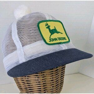 Vintage John Deere Pom Pom Denim Snapback Trucker Hat Cap Mesh Tractor Country
